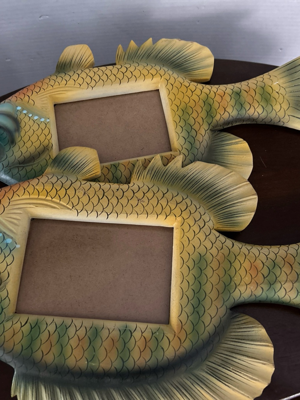 Swedish handmade Decorative Fish-Shaped Photo Frame Set in Yellow-Green Vtg